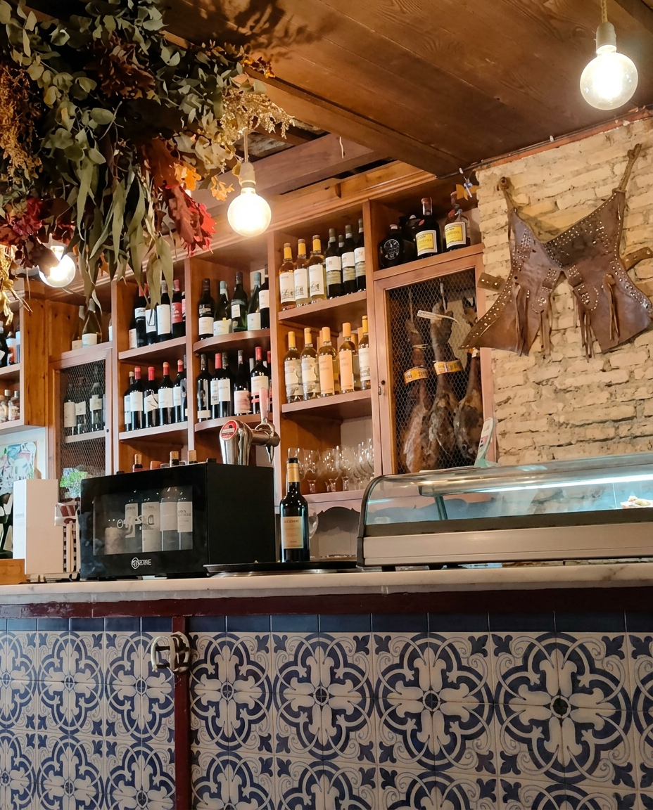 Bodega de Talabar con vinos del Marco de Jerez y azulejos