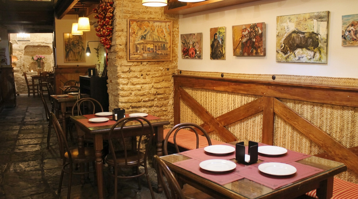 Interior de Talabar Jerez con cuadros de tauromaquia y mesas de madera